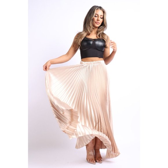 Women's Elastic High Waist A-Line Pleated Satin Maxi Skirt Formal Prom Party - Picture 2 of 7